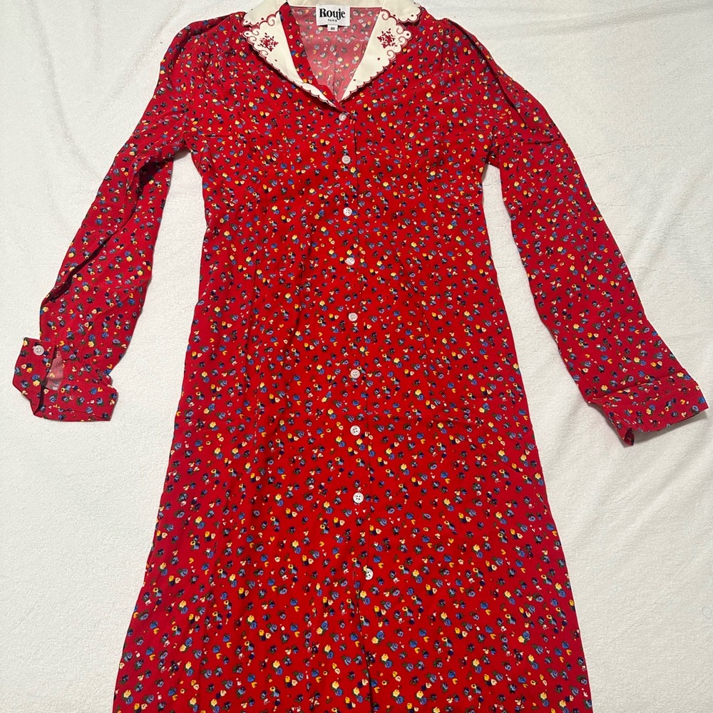 Rouje Red Midi Dress with Multicolor Floral Print